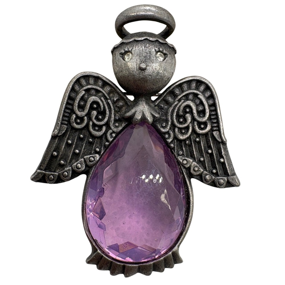 Vintage L. Razza Angel Brooch Pewter Tone Purple Glass Teardrop Rhinestone Eyes